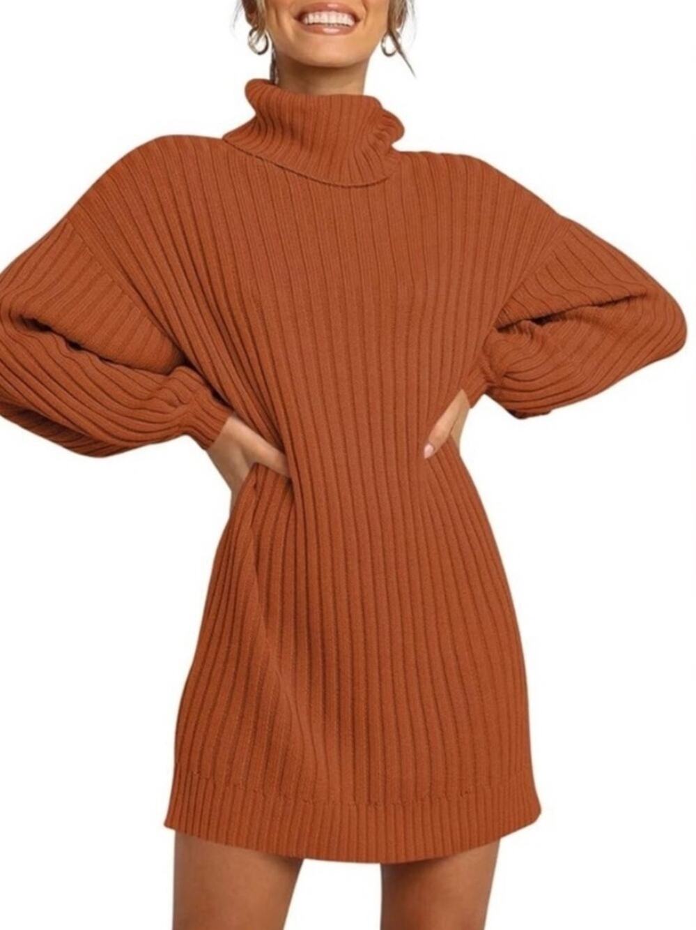 Rust Ribbed Turtleneck Sweater Dress - Women